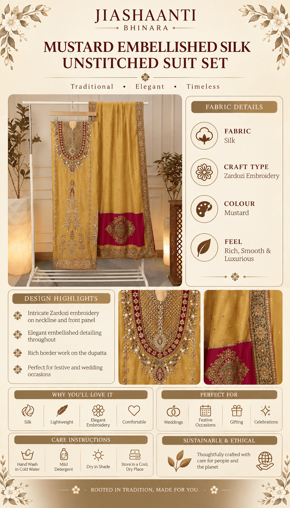 Product details infographic for mustard embellished silk unstitched suit set
