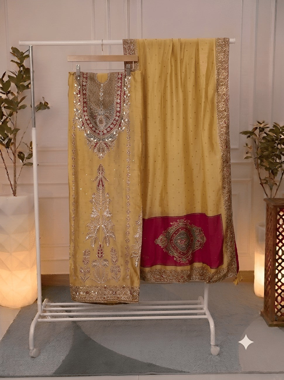  Mustard silk fabric with embellished embroidery suit and dupatta
