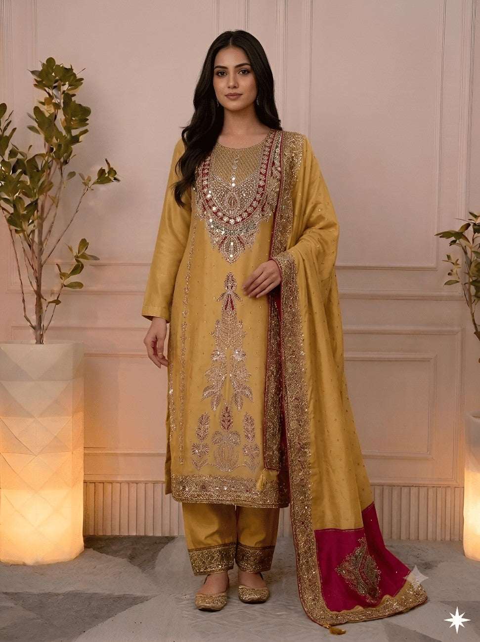 Model wearing mustard embellished silk unstitched suit set with dupatta
