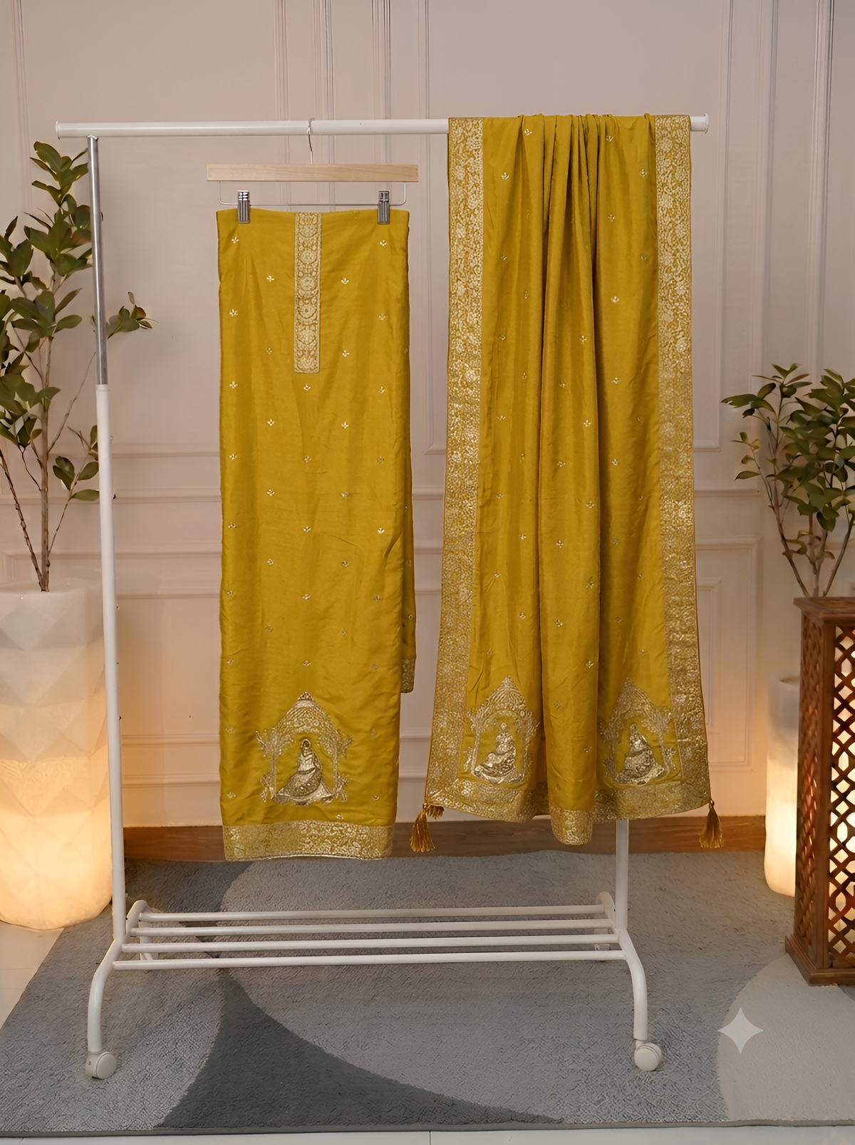  Mustard Yellow Zari Booti Silk Suit Fabric Close-up
