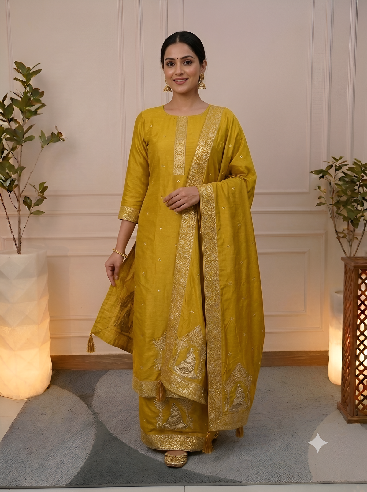 Model wearing Mustard Yellow Jacquard Zari Silk Unstitched Suit Set
