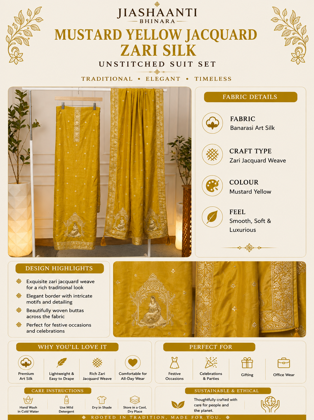 Mustard Yellow Jacquard Zari Silk Unstitched Suit Set Product Details Infographic
