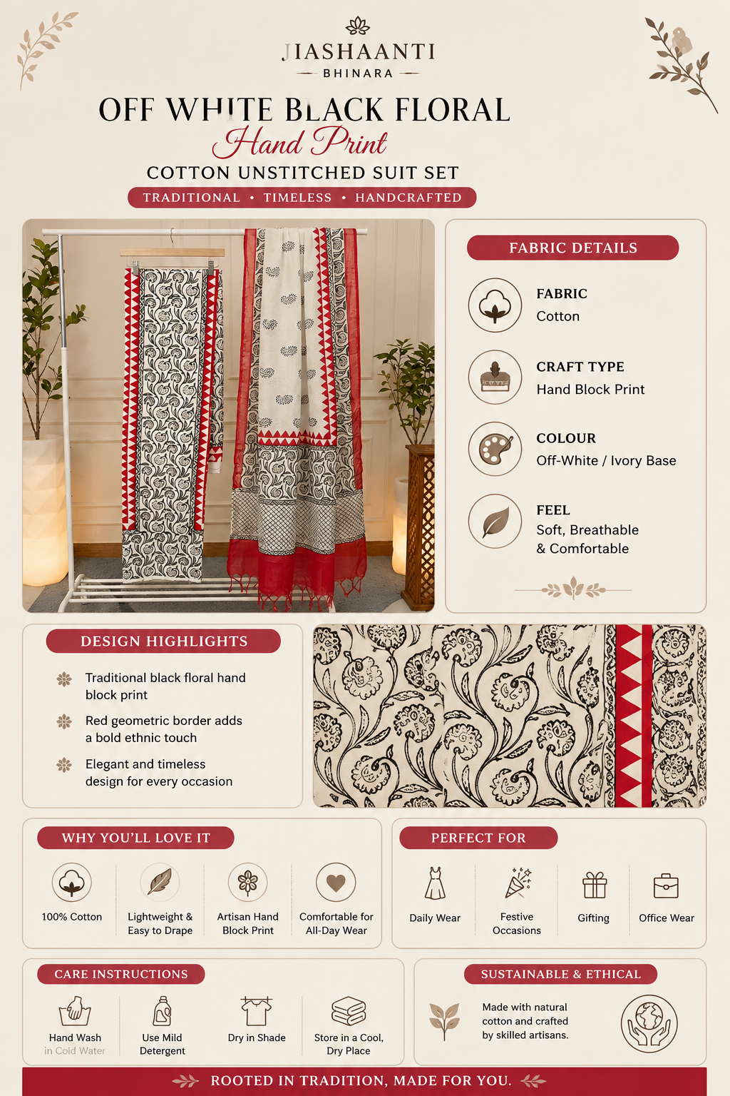  Off-White Black Floral Hand Block Print Cotton Unstitched Suit Set Product Details Infographic