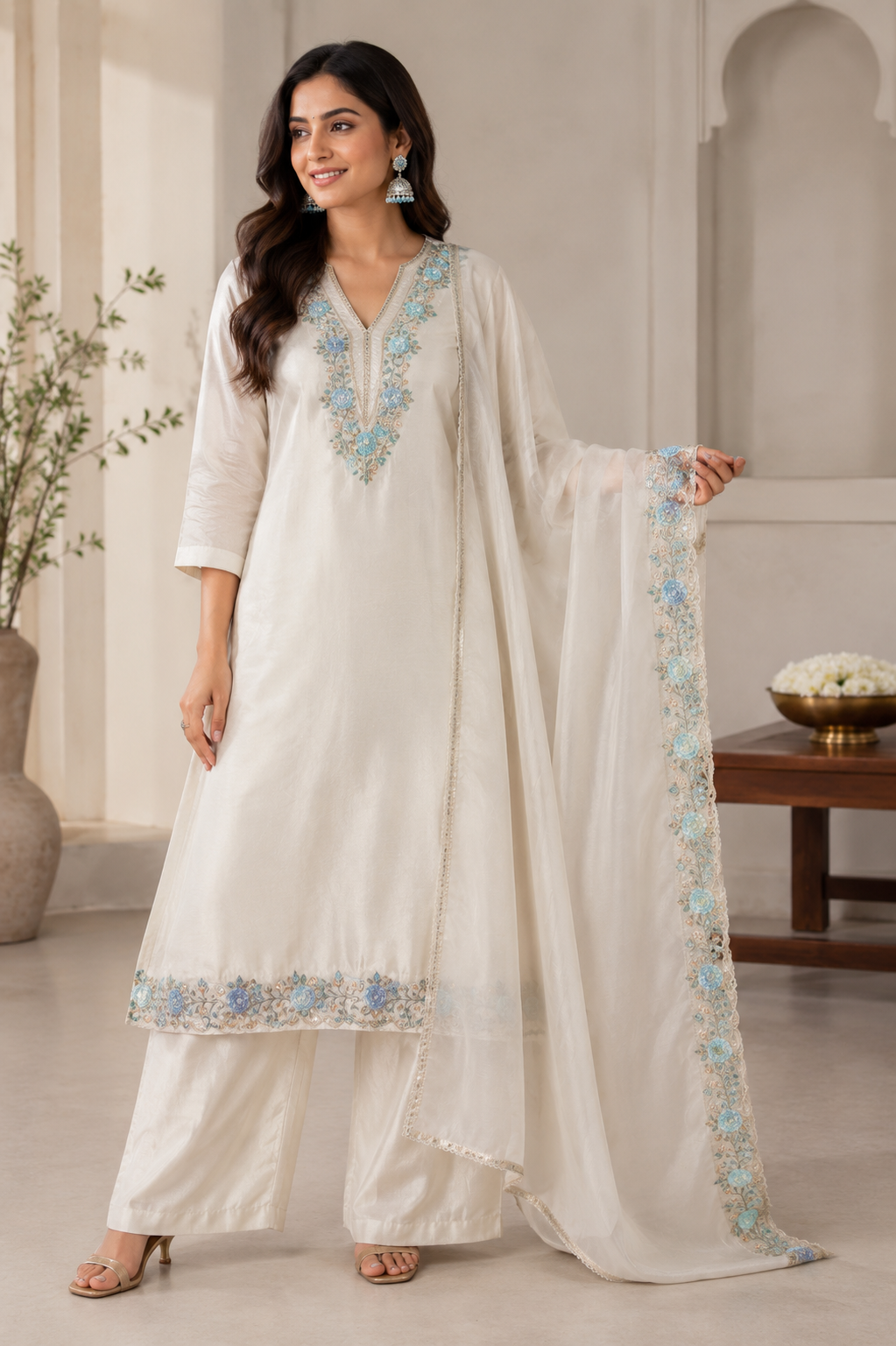 Off White Crepe Cotton Straight Suit Set for Women with Embroidered Organza Dupatta - Front View