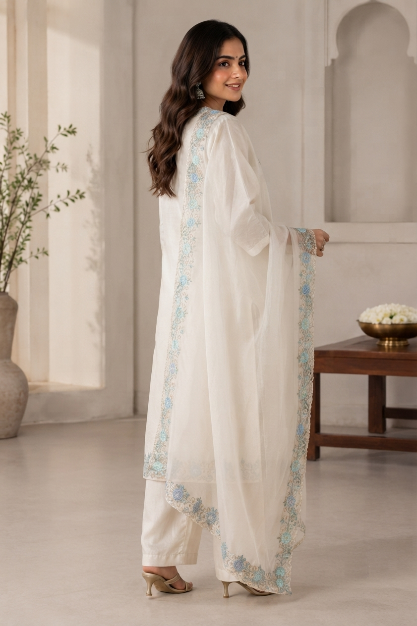 Left Side View of Off White Crepe Cotton Straight Suit Set for Women