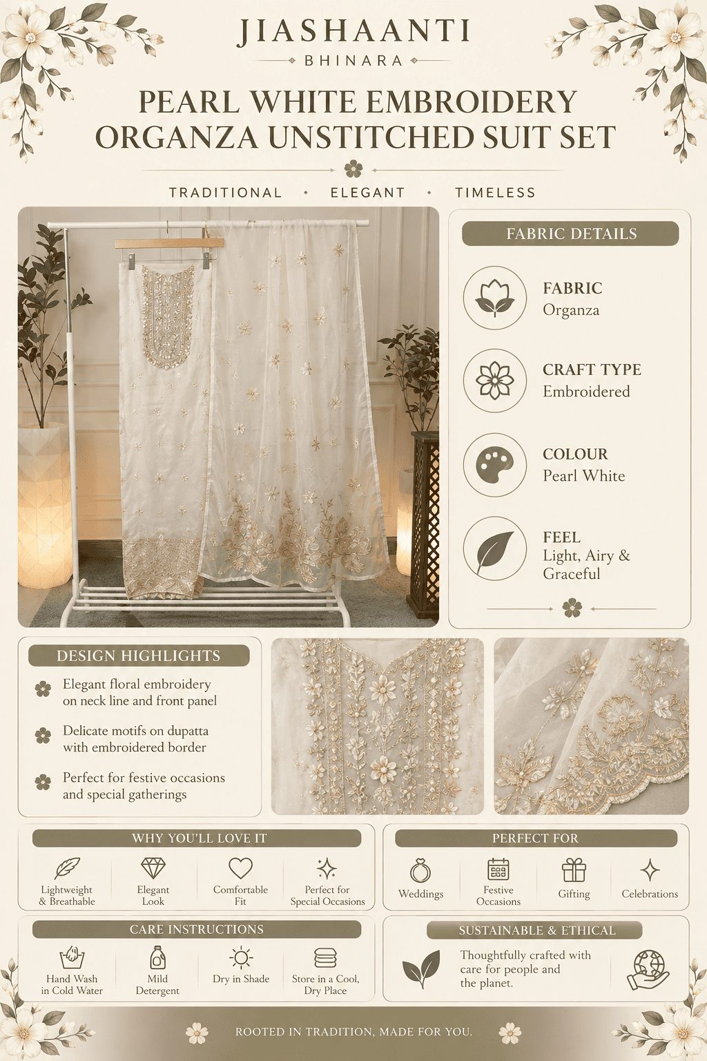 Product details infographic for off white deer print cotton unstitched suit set
