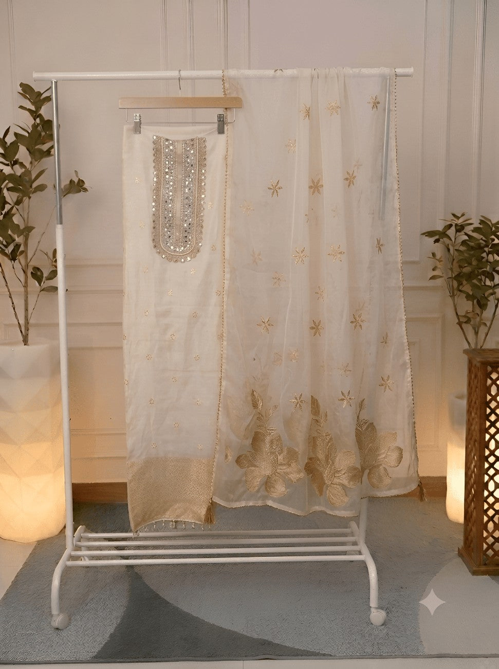 Off white cotton fabric with deer print suit and dupatta
