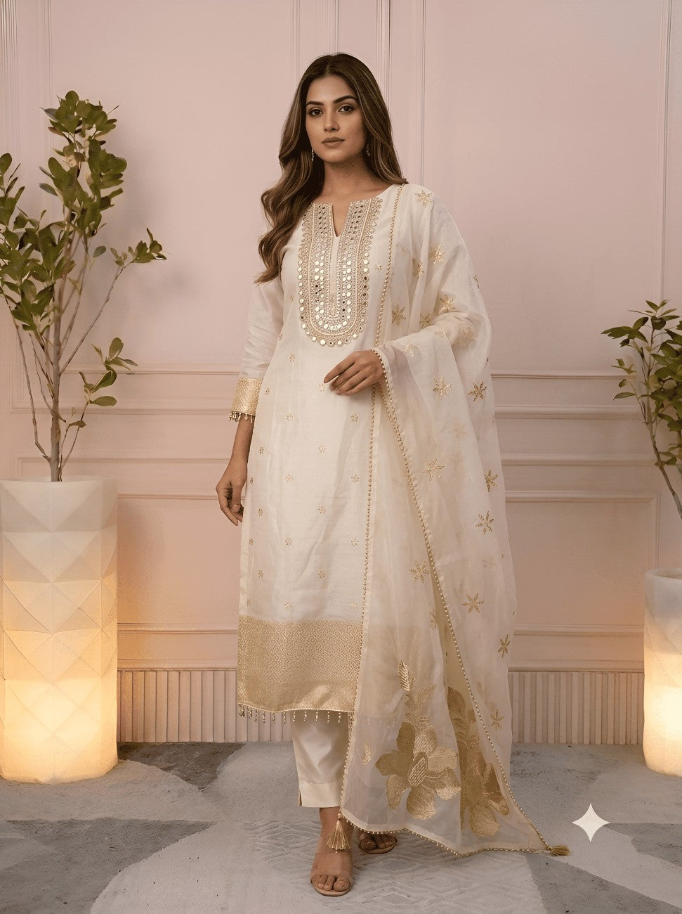  Model wearing off white deer print cotton unstitched suit set with dupatta
