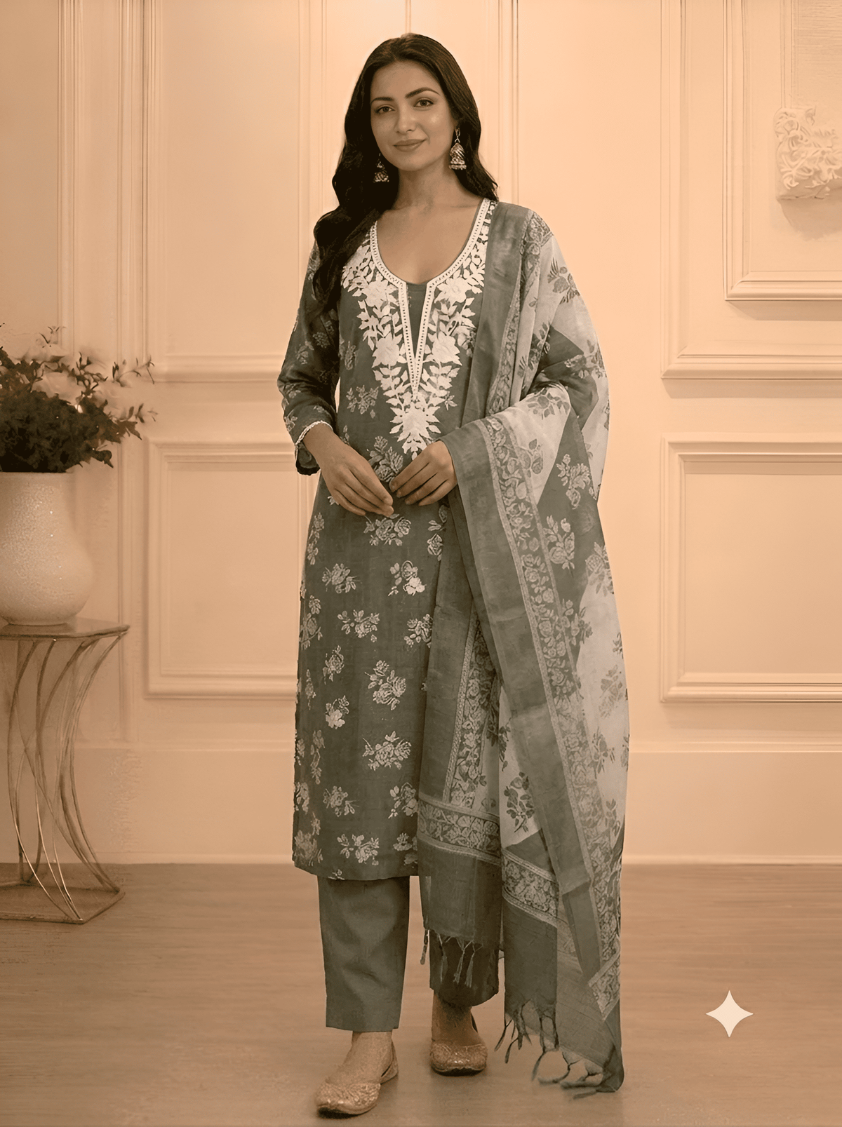 Olive grey floral print unstitched suit set with ivory hand-embroidered neckline – Jiashaanti