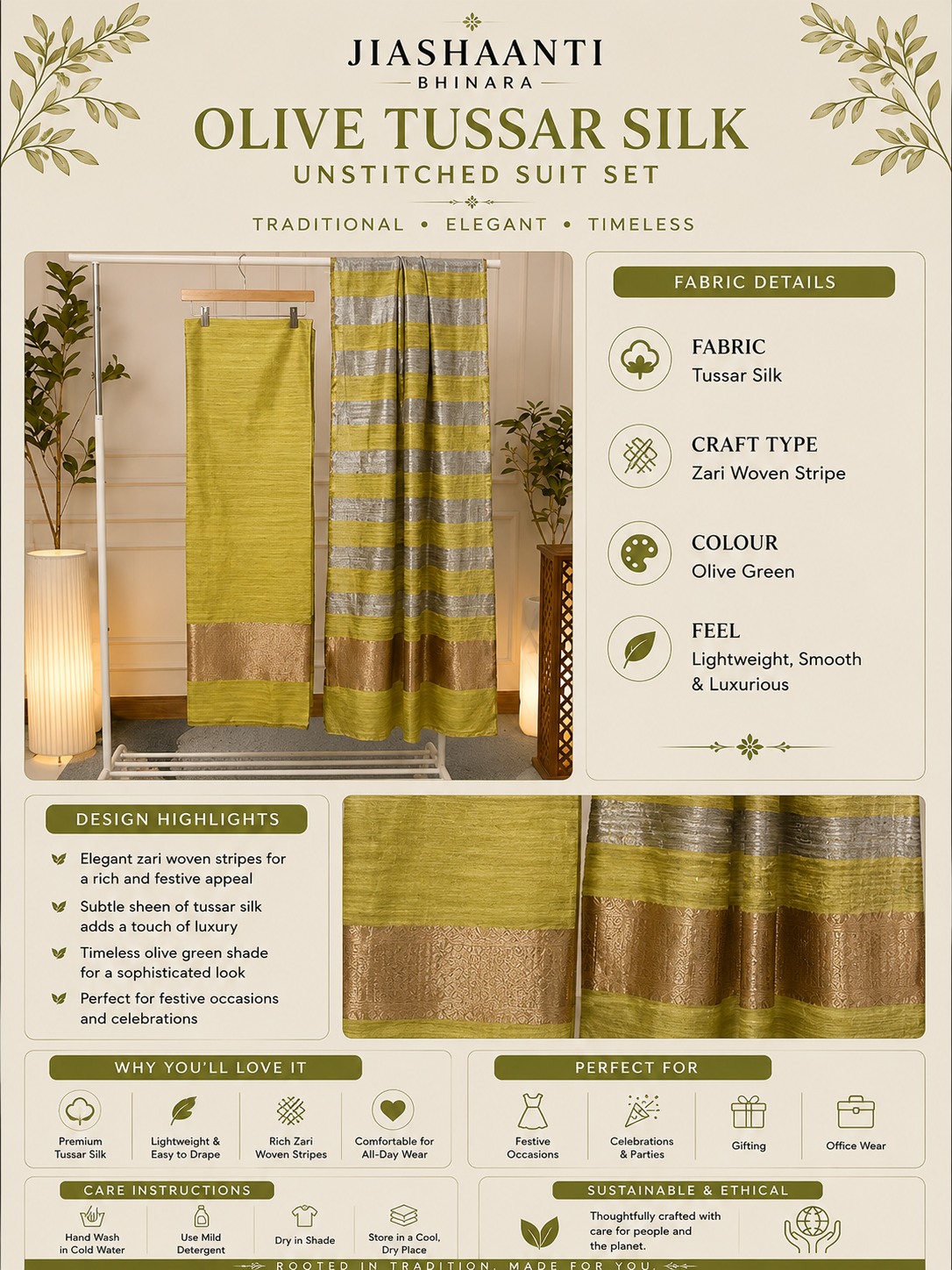  Infographic showing fabric, colour and design details of Olive Yellow Zari Woven Stripe Tussar Silk unstitched suit set by Jiashaanti
