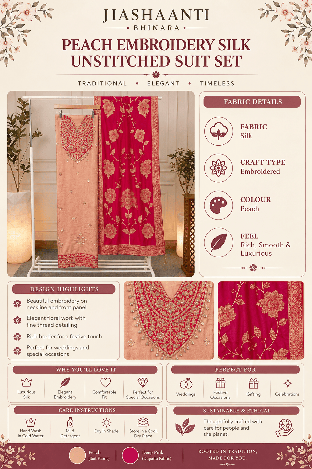  Product details infographic for peach embroidered silk unstitched suit set
