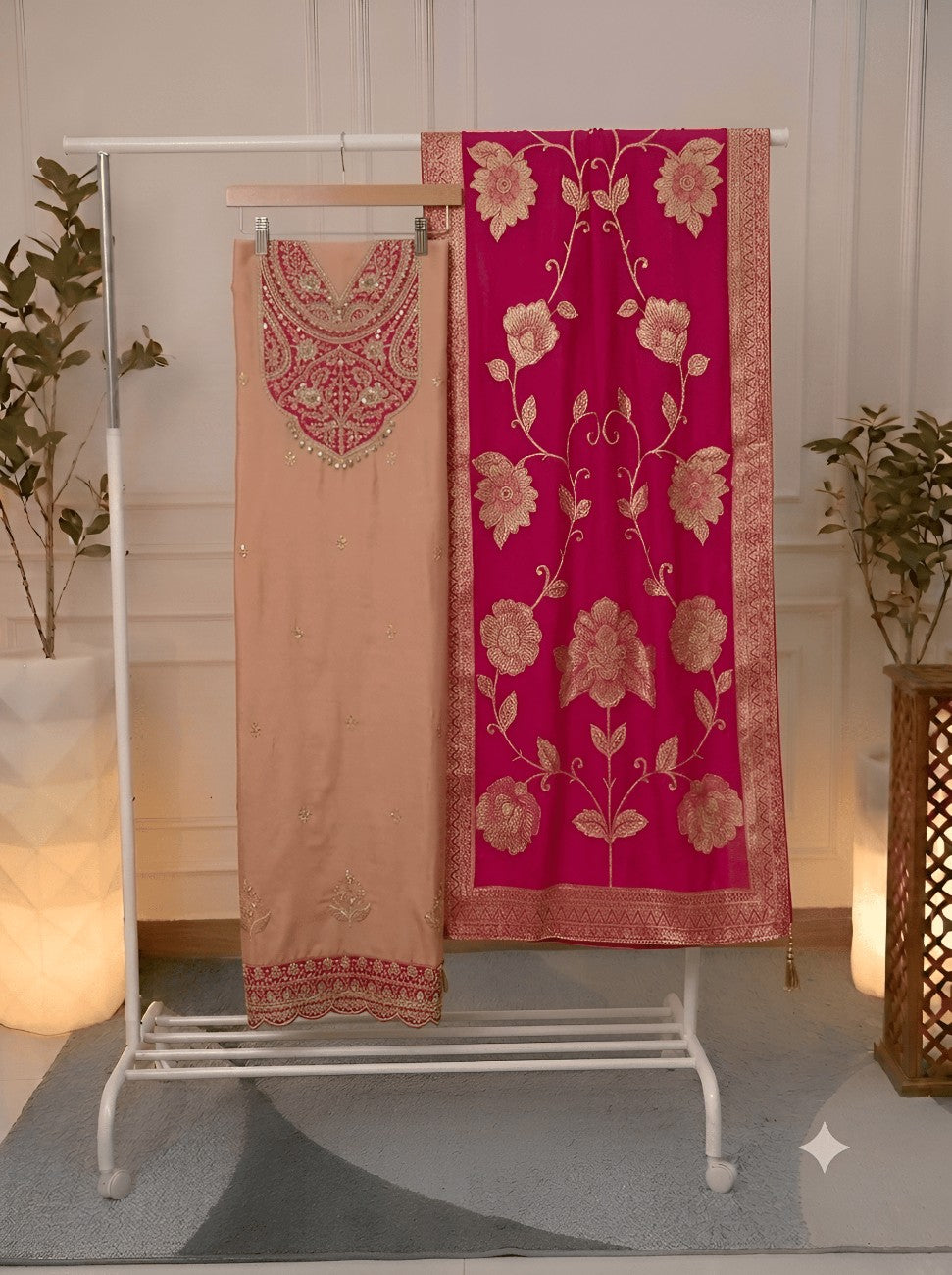 Peach silk fabric with embroidery suit and Banarasi dupatta
