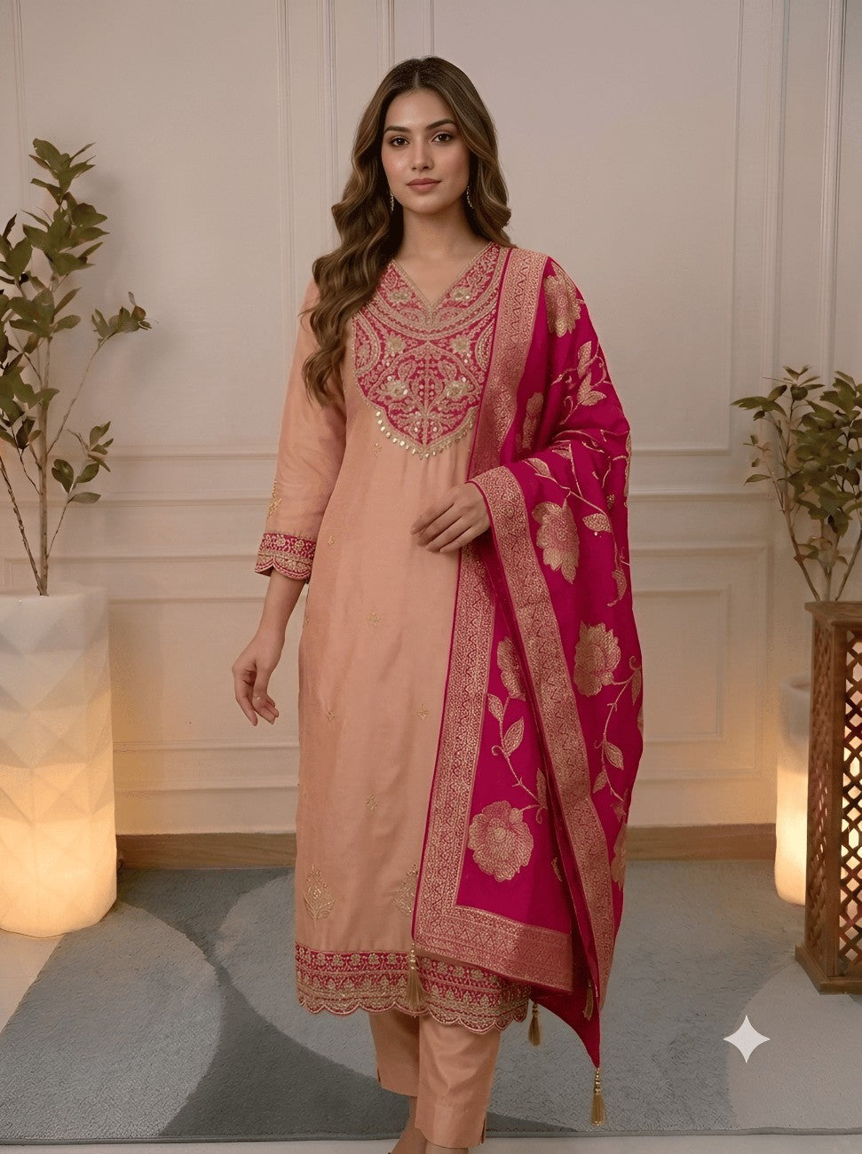 Model wearing peach embroidered silk unstitched suit set with dupatta
