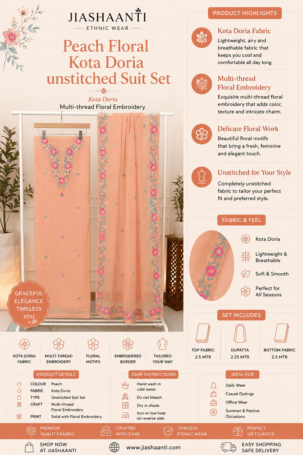 Peach Floral Kota Doria Suit Set Fabric Texture – Jiashaanti
