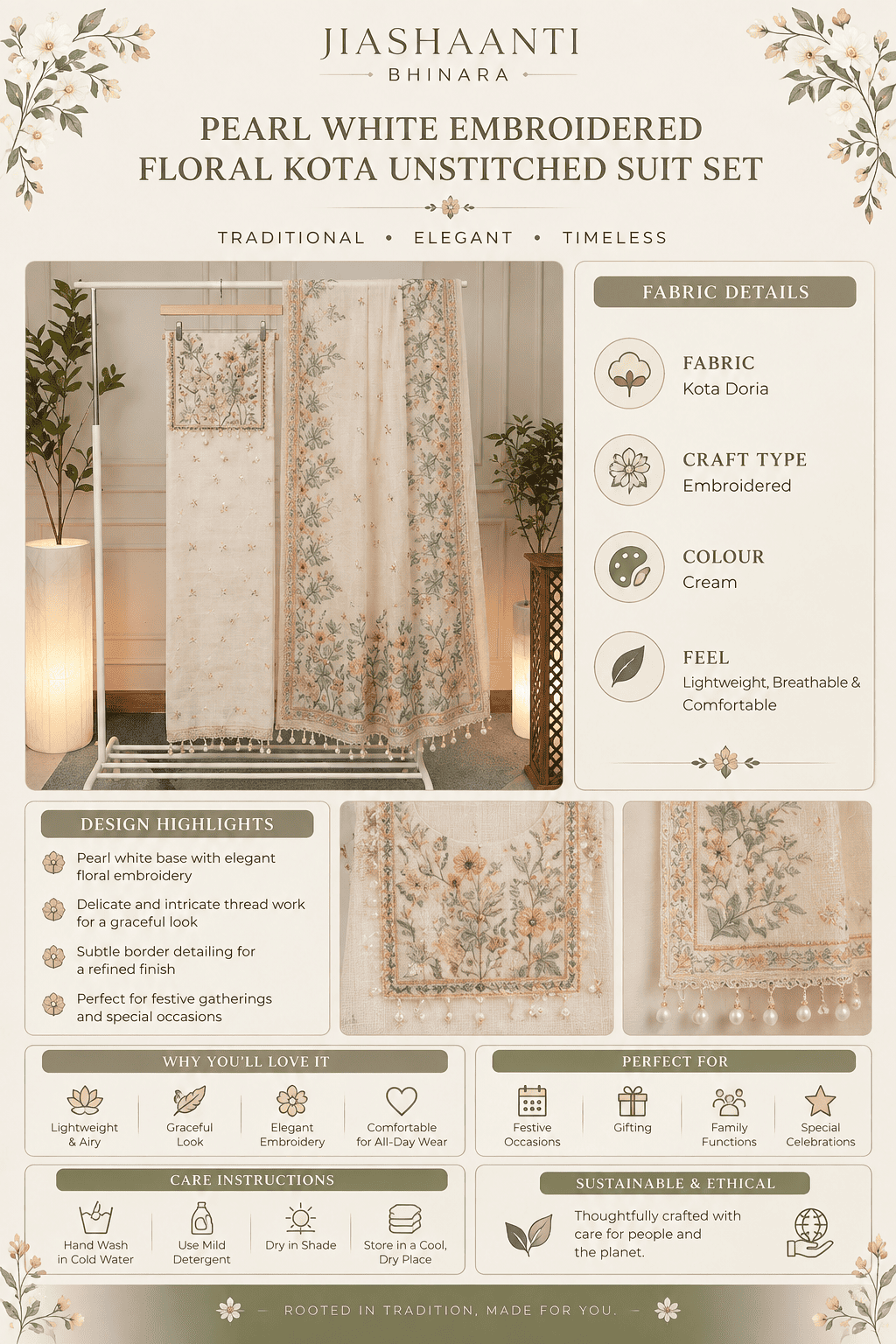 Product details infographic for pearl white embroidered floral kota unstitched suit set
