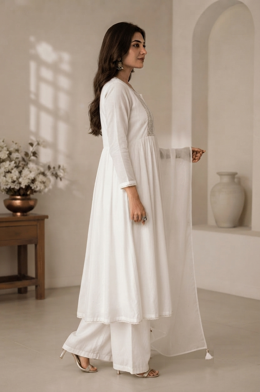 Pearl White Mul Cotton Circular Suit Set right side view with circular flare and elbow-length sleeves
