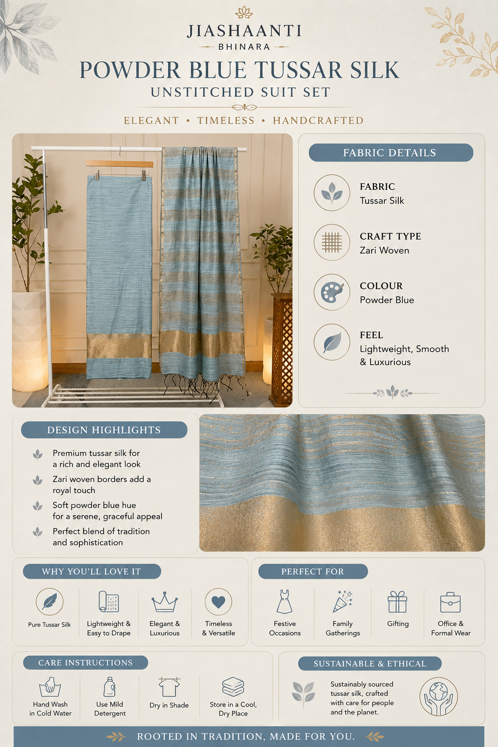 Infographic showing fabric, colour and design details of Powder Blue Zari Striped Tussar Silk unstitched suit set by Jiashaanti
