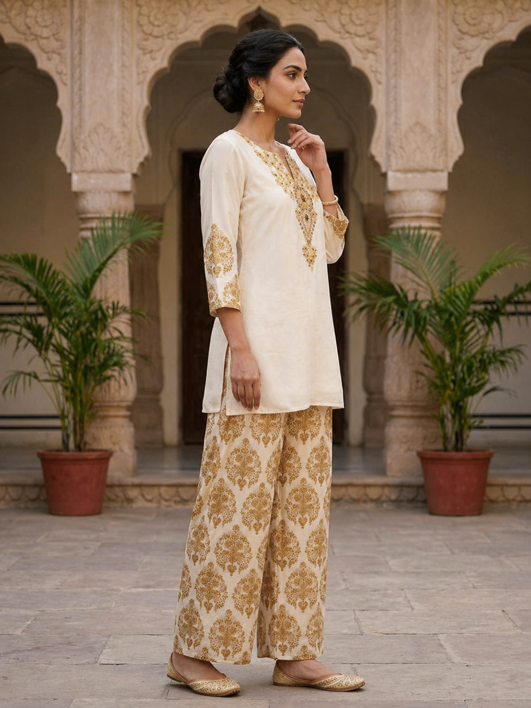 Cream brown satin silk bohemian co-ord set — full length side view showing luxurious fabric drape, floral digital print and premium mirror-like finish

