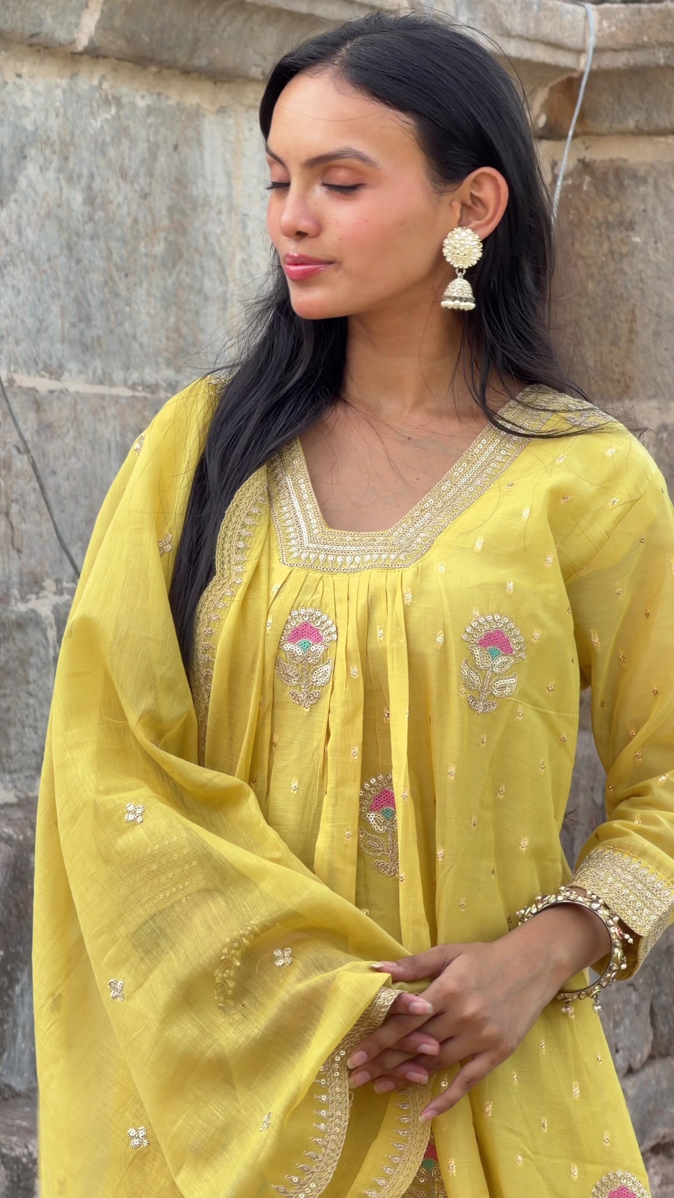 Yellow Floral Sequin & Zari Chanderi Ensemble Suit Set