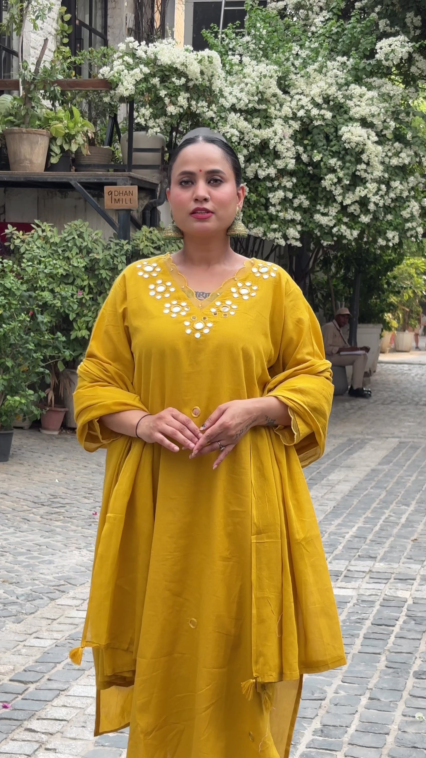 Mustard Yellow Mirror Work Cotton Straight Suit Set