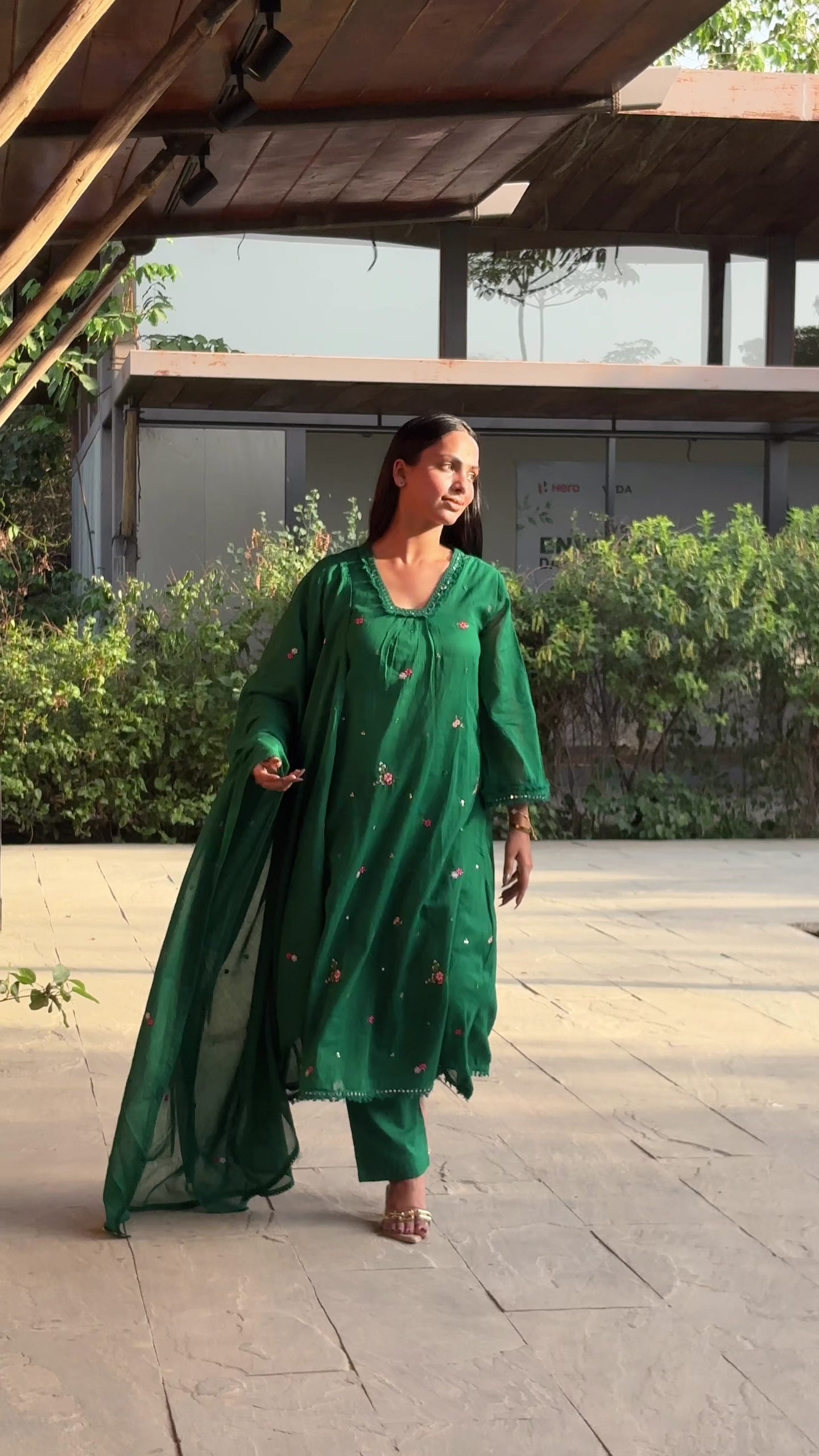 Forest Green Embroidered Pleated Circular Cotton suit set