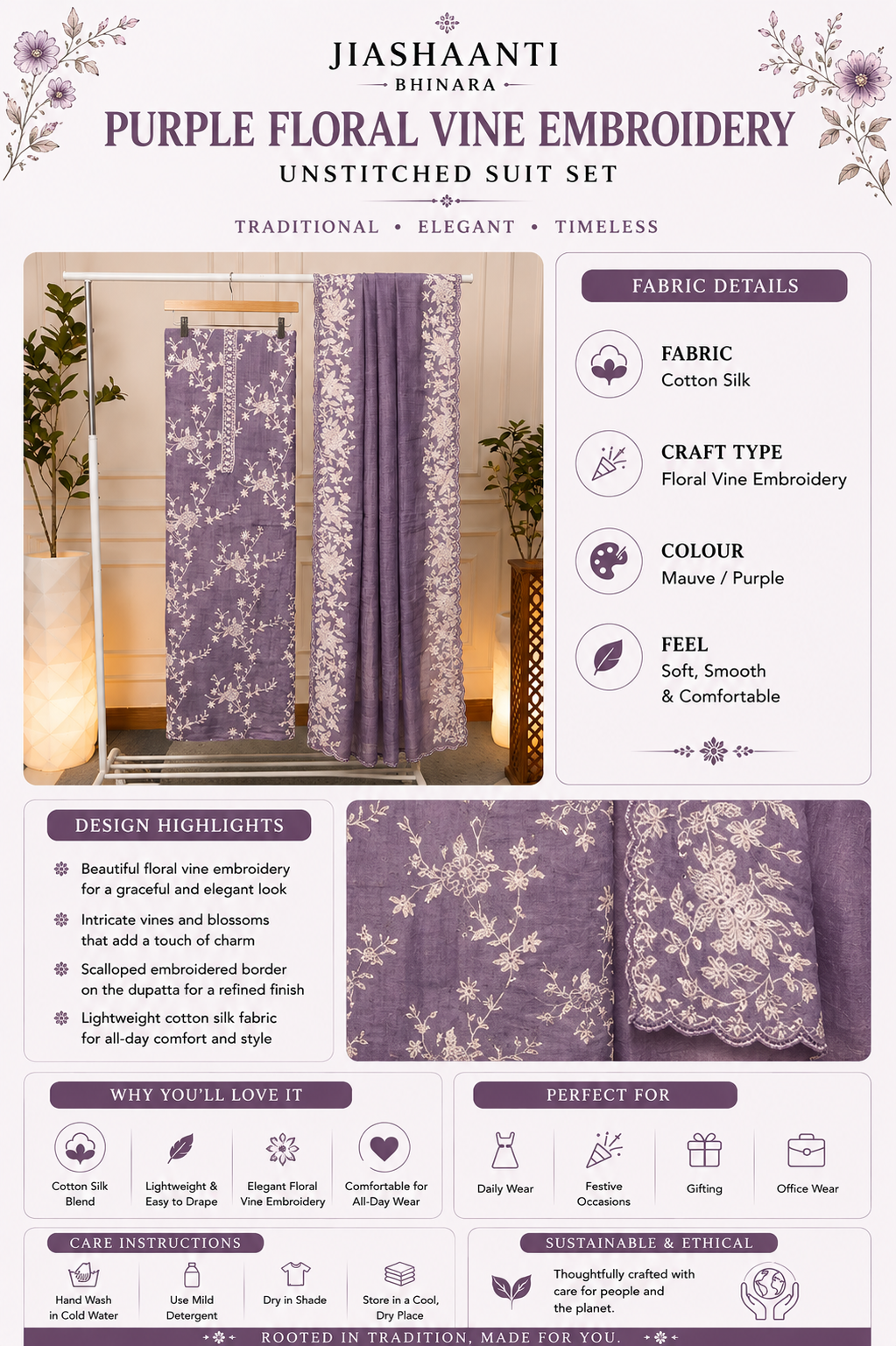Purple Floral Vine Embroidery Unstitched Suit Set Product Details Infographic
