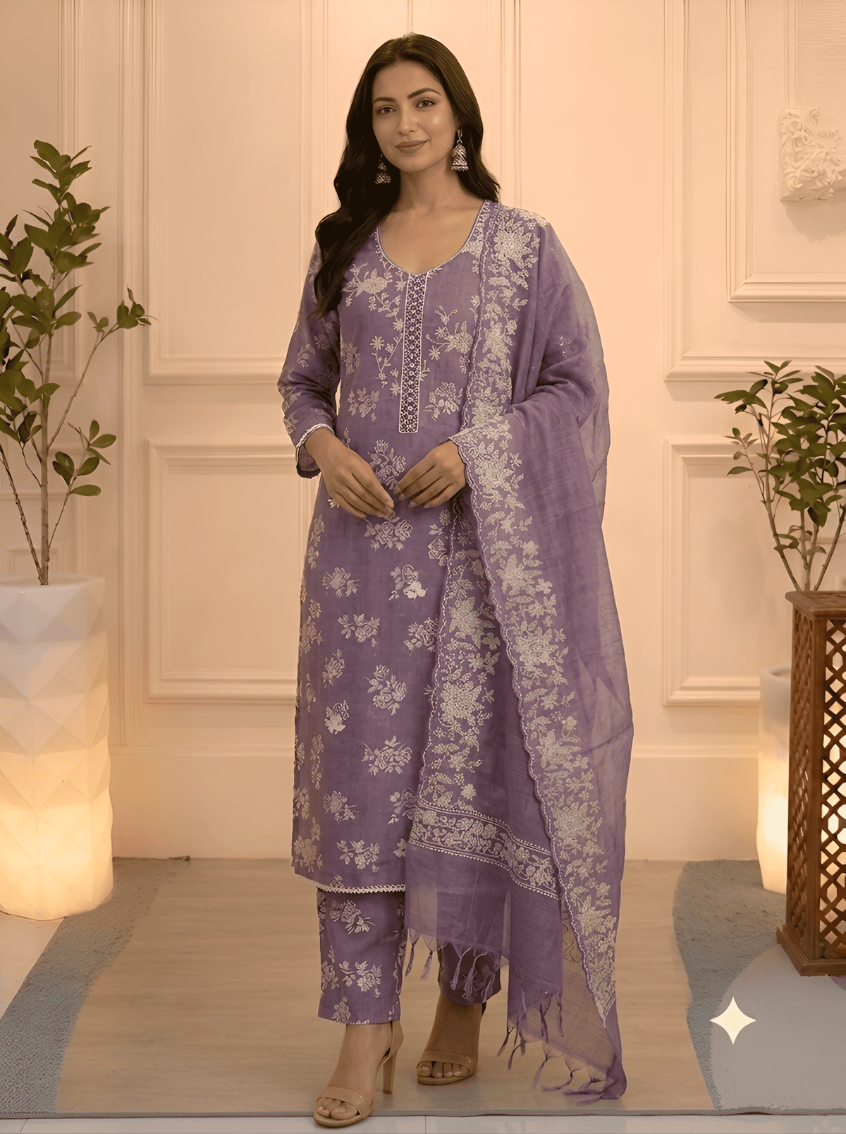 Model wearing Purple Floral Vine Embroidery Unstitched Suit Set
