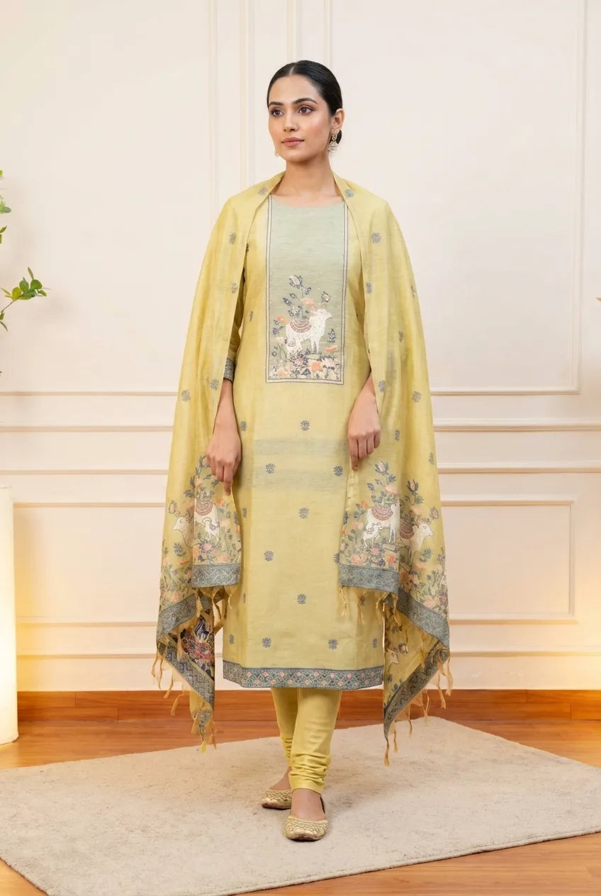 Mustard Yellow Printed Unstitched Suit Set