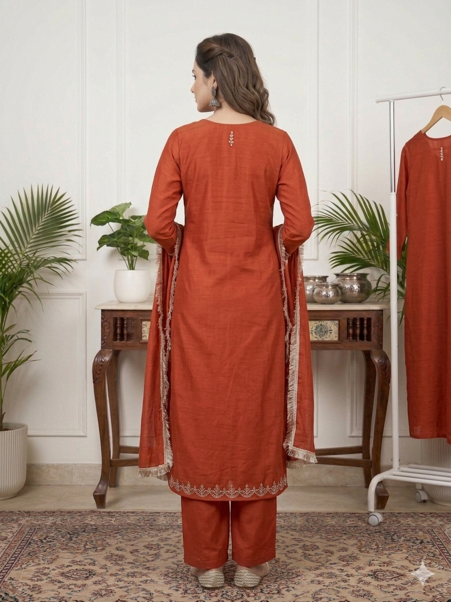 Sunkissed Heritage Amber Orange Stitched Suit Set back view highlighting fine embroidery, elegant drape and timeless ethnic craftsmanship