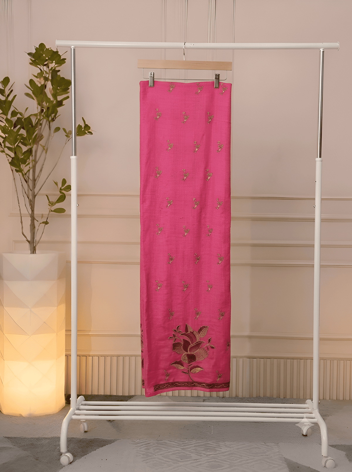 Close-up of Rani Pink thread embroidered Cotton Silk bottom fabric, unstitched suit set
