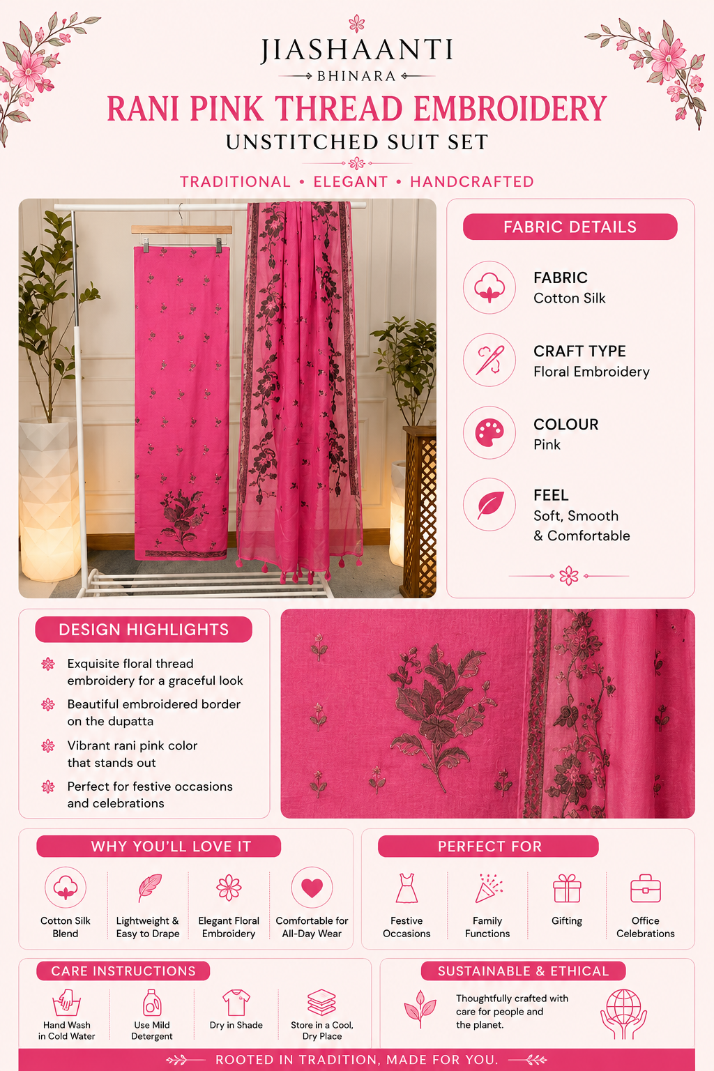 Infographic showing fabric, craft and colour details of Rani Pink Thread Embroidery Cotton Silk unstitched suit set by Jiashaanti
