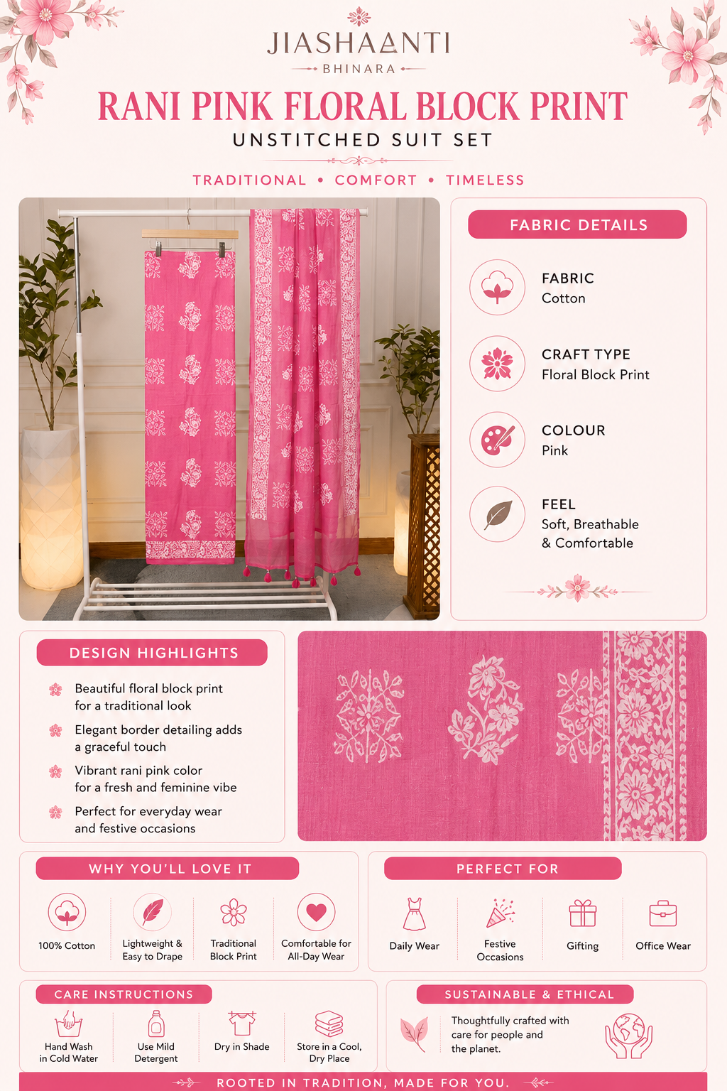 Infographic showing fabric, craft and colour details of Rani Pink Floral Block Print Cotton unstitched suit set by Jiashaanti
