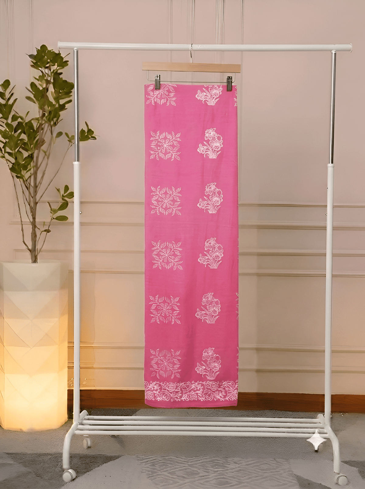  Close-up of Rani Pink Floral Block Print cotton bottom fabric with rose border, unstitched suit set
