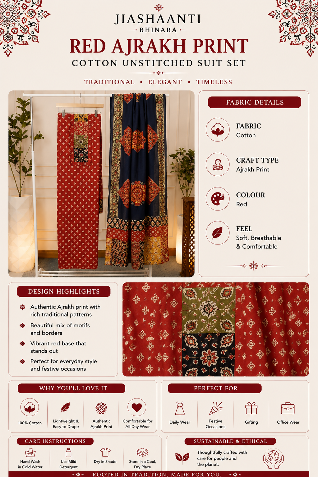 Infographic showing fabric, print, and stitching details of Red Ajrakh Print Cotton Unstitched Suit Set
