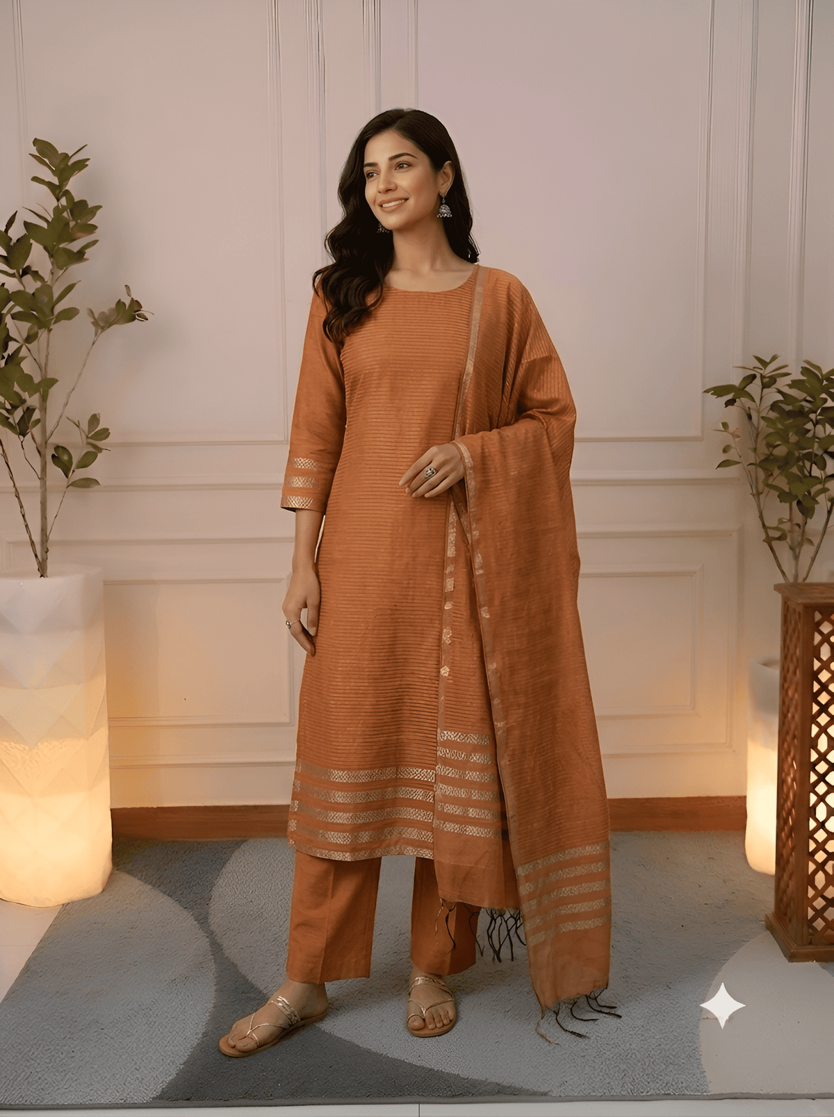 Model wearing Rust Orange Zari Striped Tussar Silk unstitched suit set by Jiashaanti
