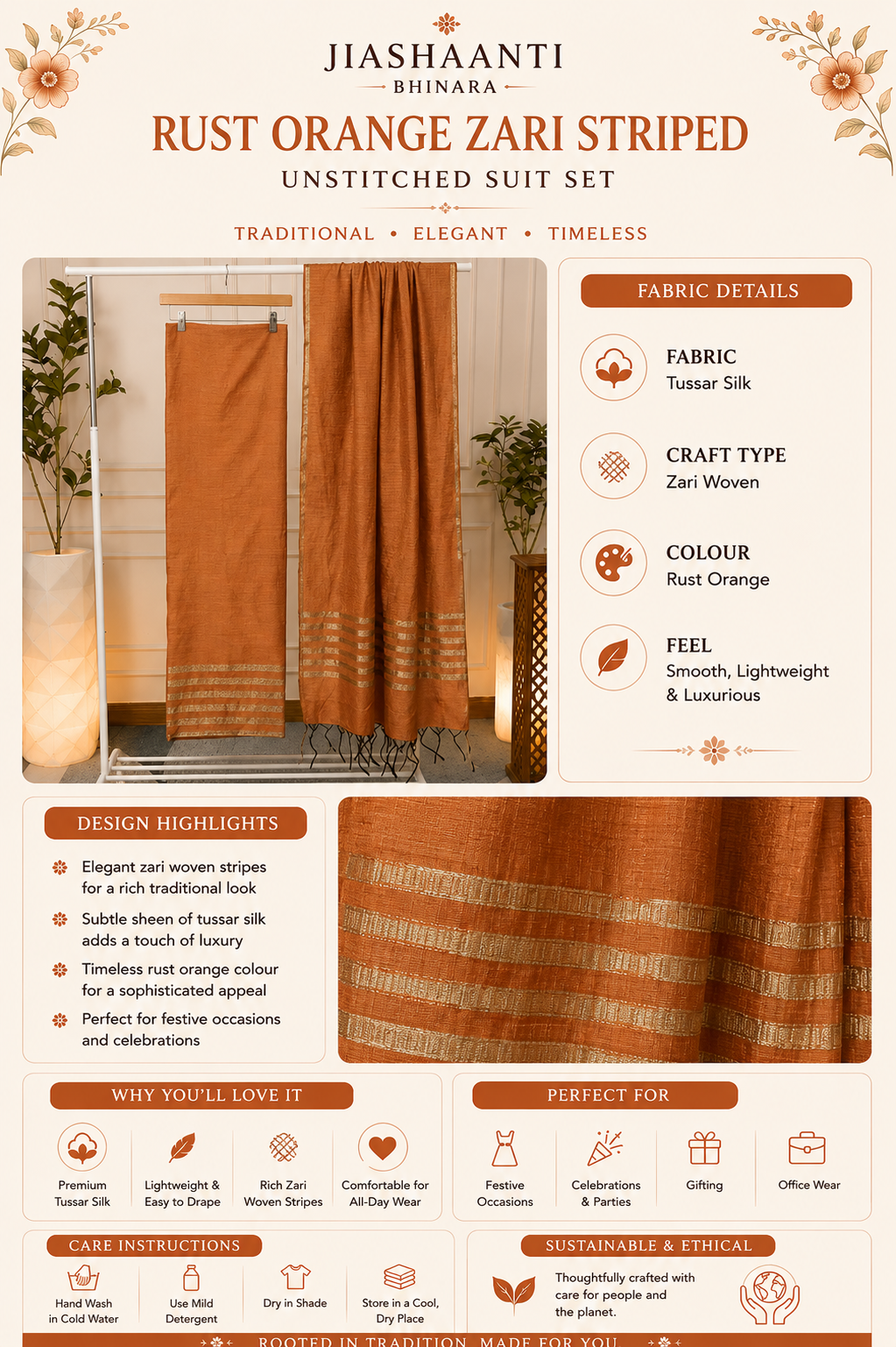 Infographic showing fabric, colour and design details of Rust Orange Zari Striped Tussar Silk unstitched suit set by Jiashaanti
