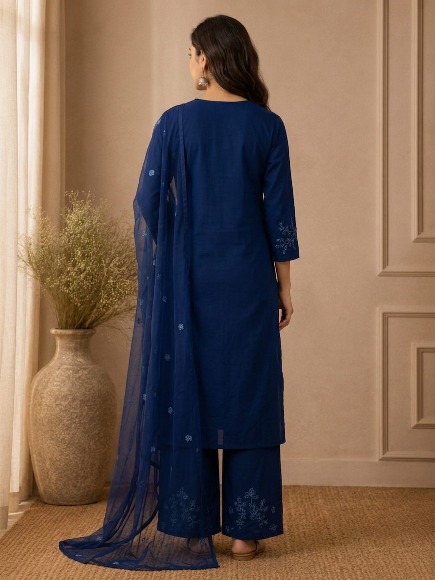 Indigo Blue Embroidered Cotton-Linen Angrakha Suit Set