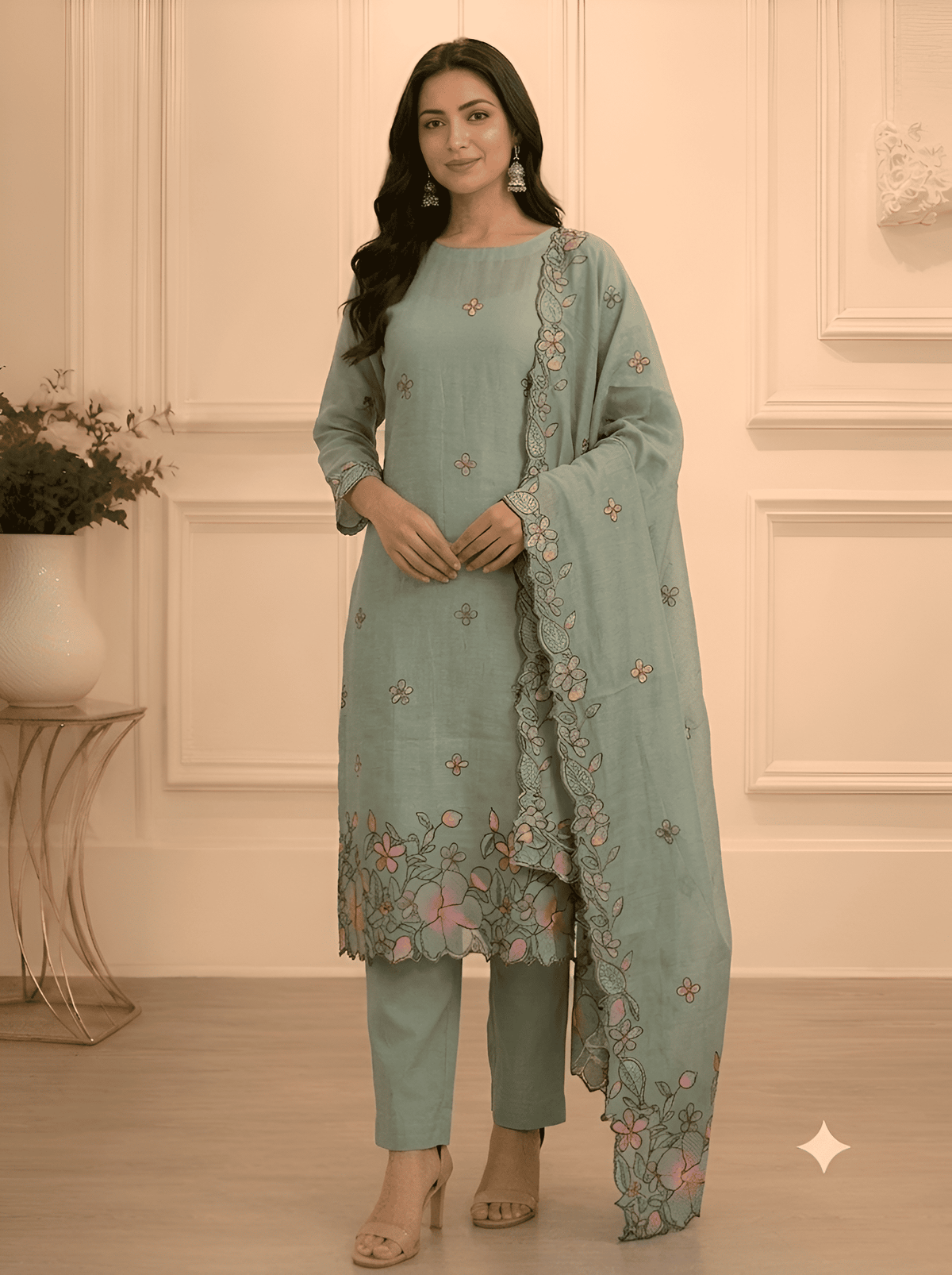 Sage green silk cotton unstitched suit set with hand-embroidered pink florals – Jiashaanti
