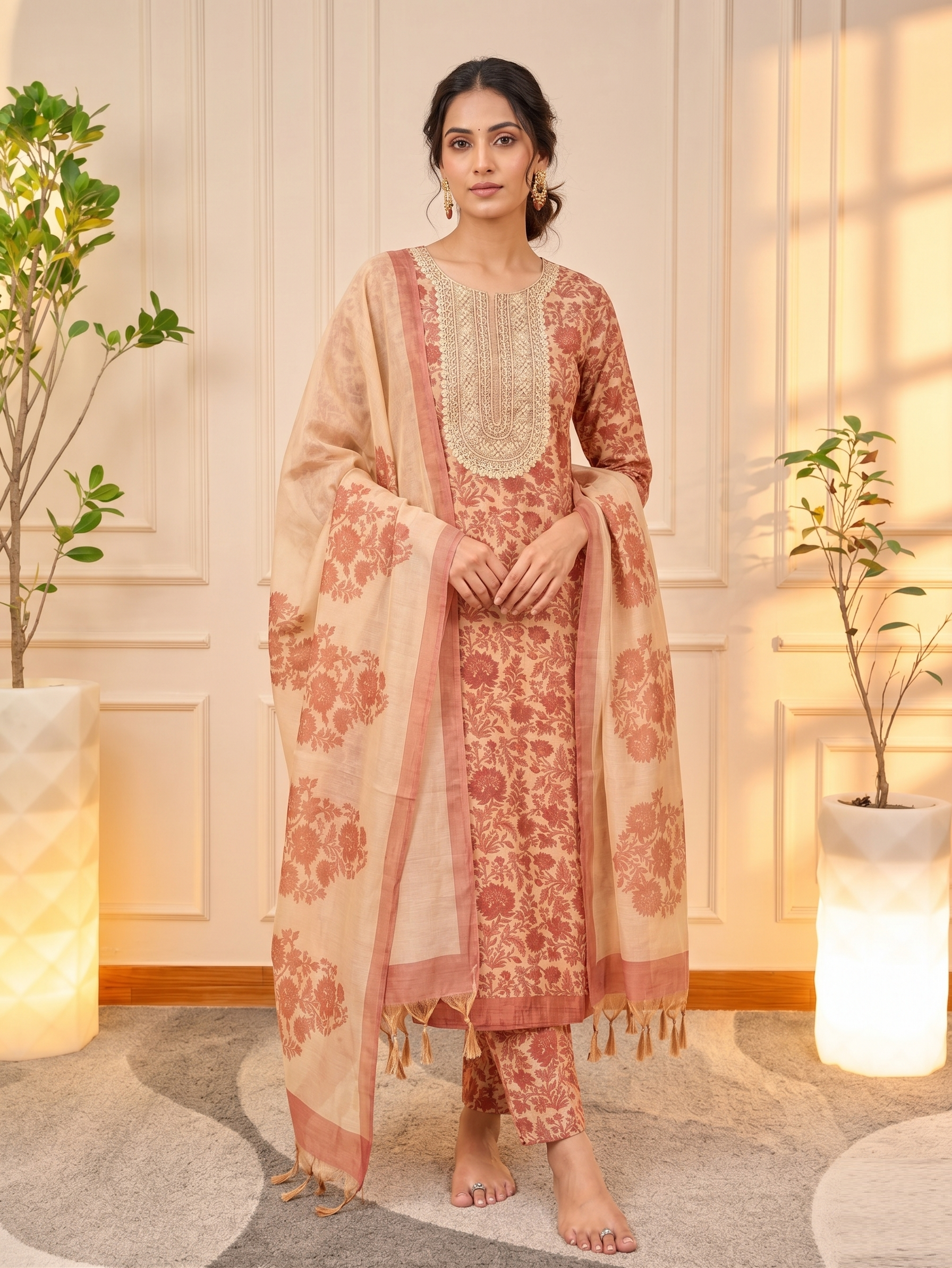 Elegant Peach & Terracotta Floral Chanderi Unstitched Suit Set