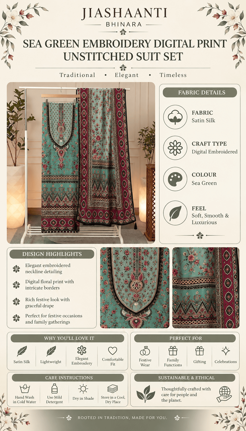 Product details infographic for sea green embroidered digital print unstitched suit set
