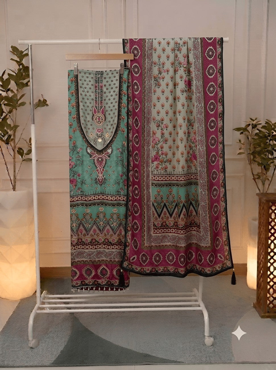 Sea green digital print fabric with embroidery suit and dupatta
