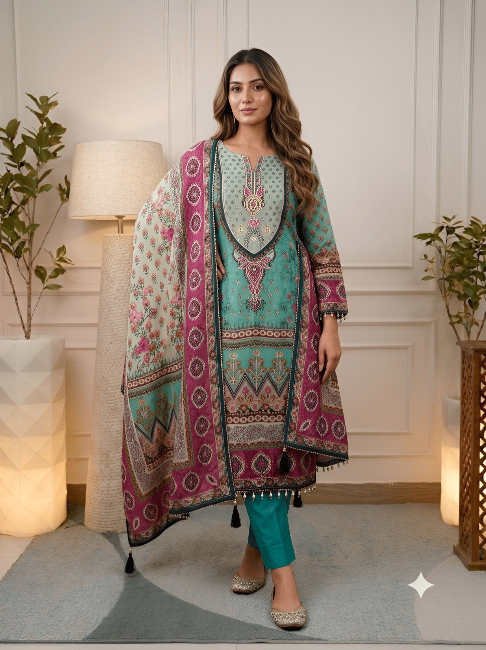  Model wearing sea green embroidered digital print unstitched suit set with dupatta
