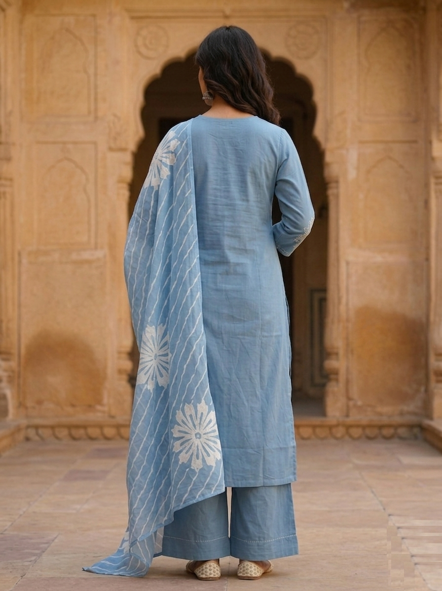 Sky Blue Cotton-Linen Pintuck Suit Set