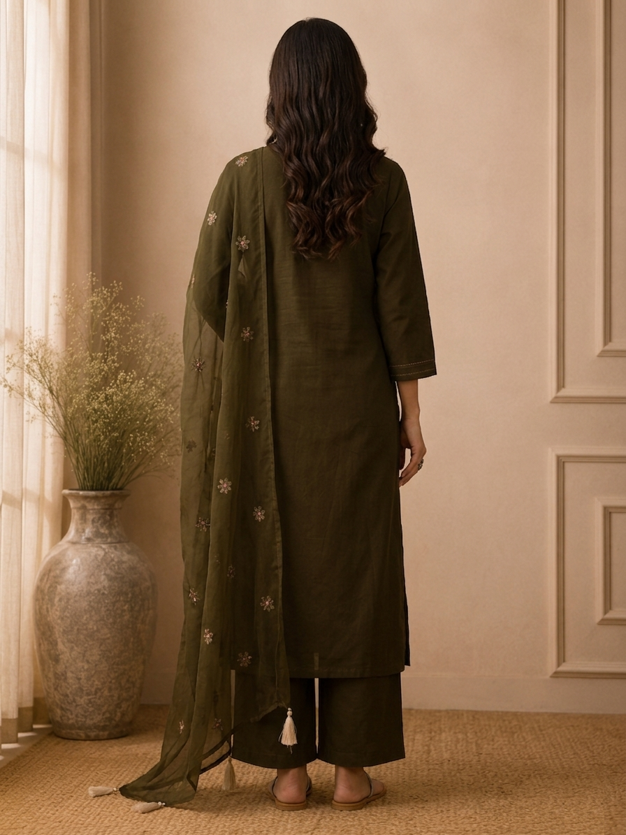 Olive Green Embroidered Cotton-Linen Panel Suit Set