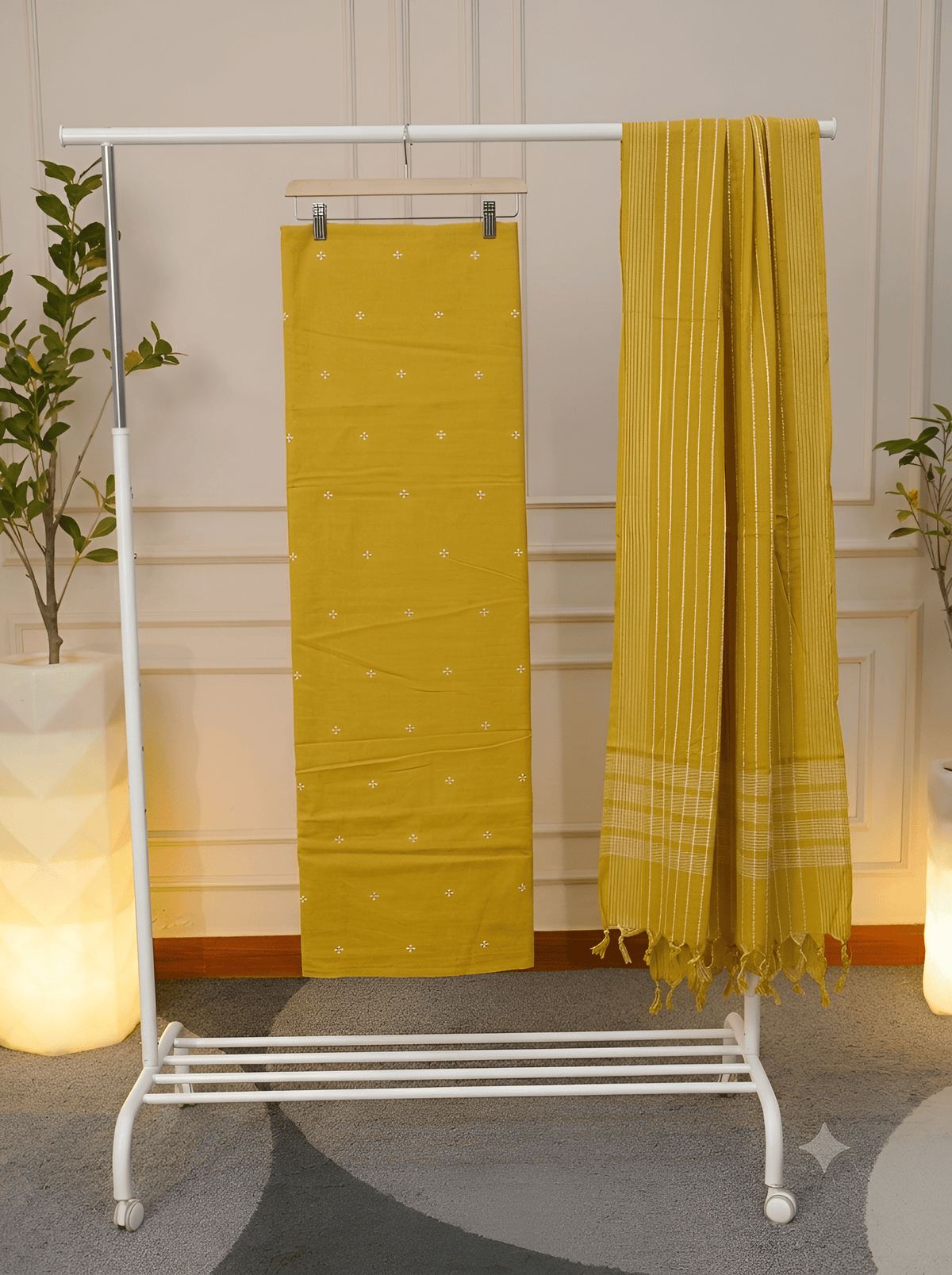 Mustard yellow cotton unstitched suit set with small white booti print – Jiashaanti