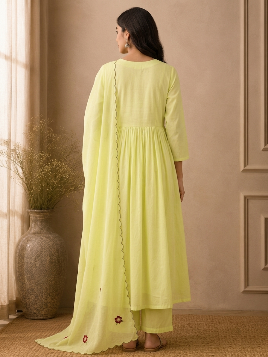 Lime Green Embroidered Gathered Anarkali Suit Set