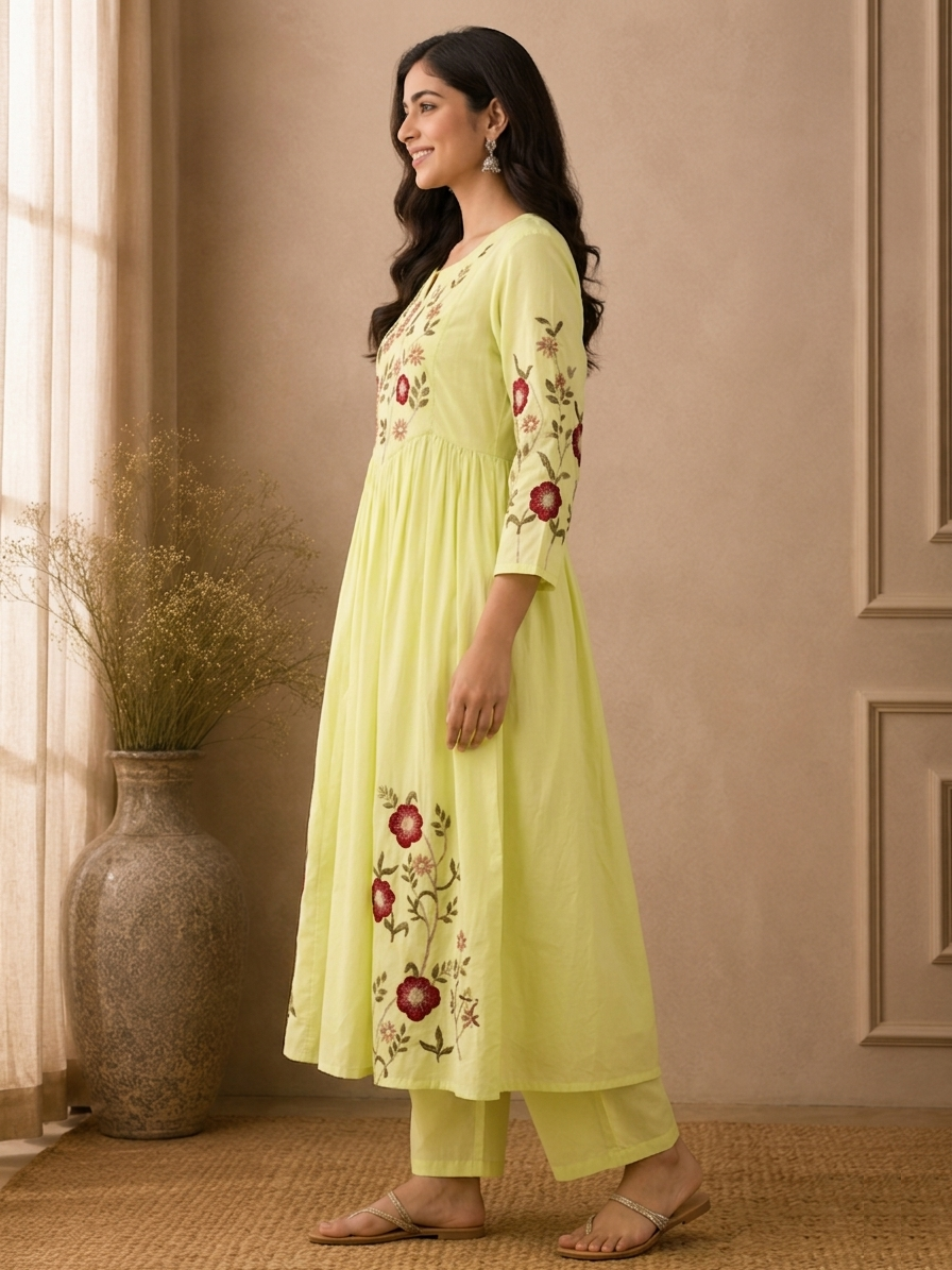 Lime Green Embroidered Gathered Anarkali Suit Set