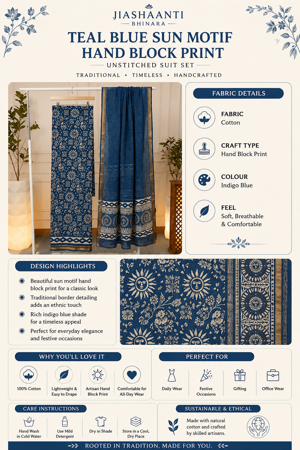 Teal Blue Sun Motif Hand Block Print Unstitched Suit Set Product Details Infographic
