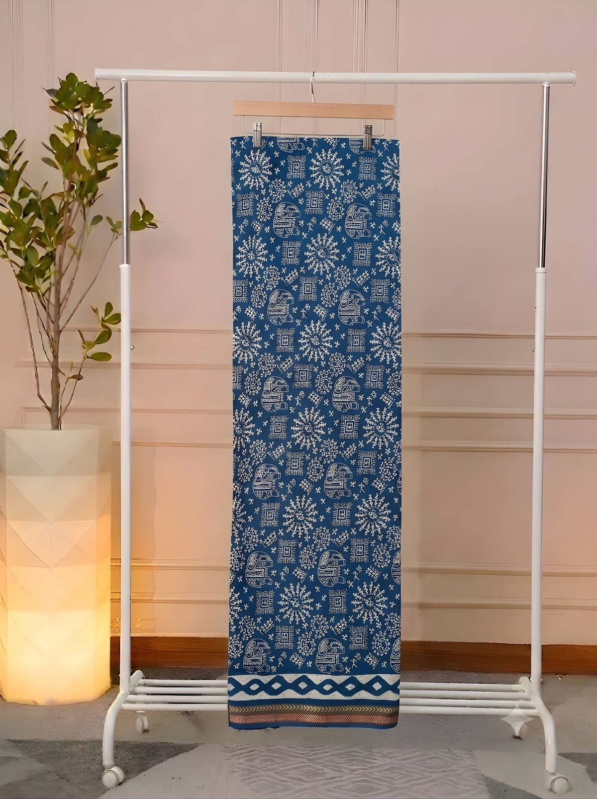 Teal Blue Sun Motif Hand Block Print Suit Set with Matching Dupatta
