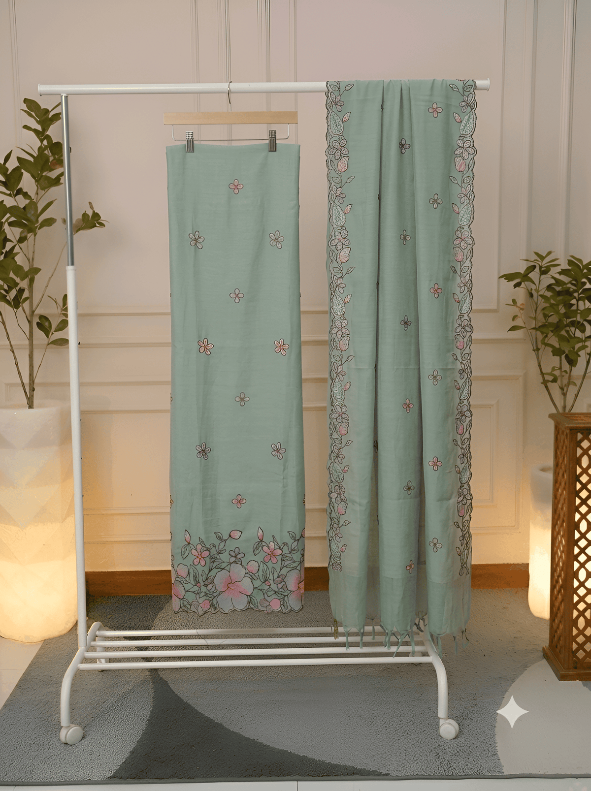 Close-up of hand-embroidered floral border on sage green silk cotton fabric